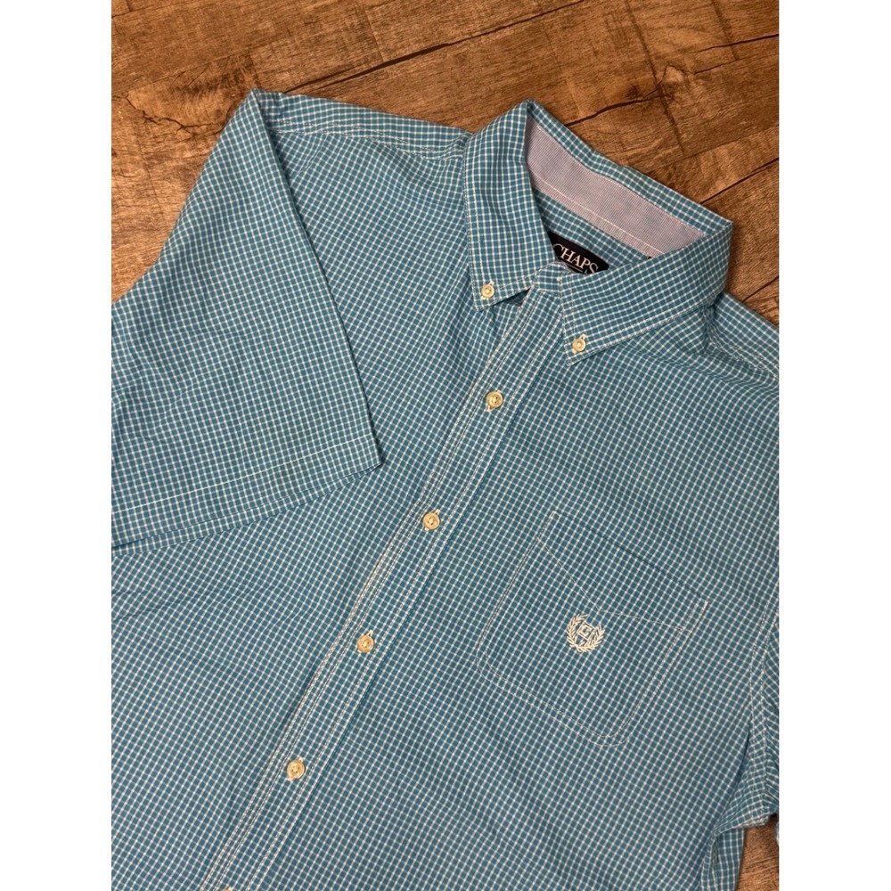 Chaps Mens XL Easy Care Short Sleeve Button Down Shirt Blue Gingham Check Plaid